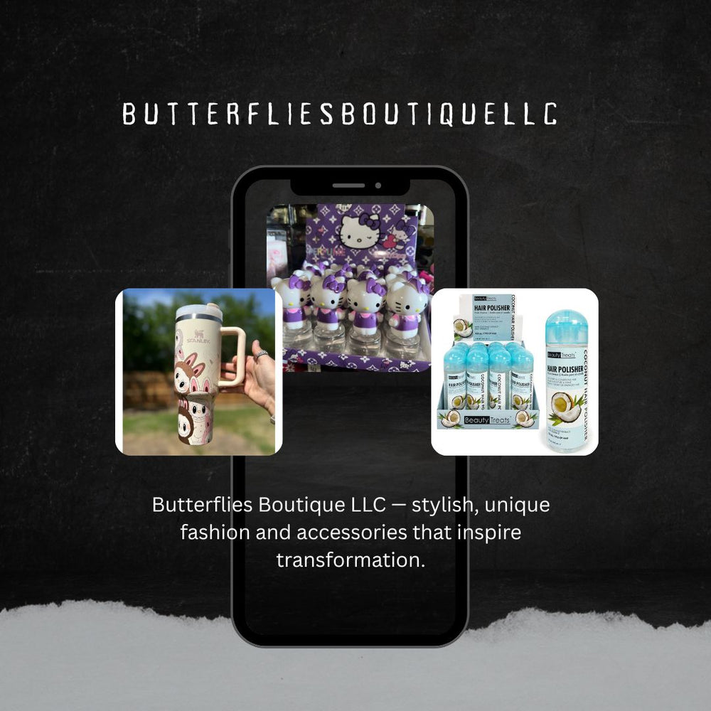 Butterflies Boutique LLC promotional image with phone displaying products, mug, and bottles.